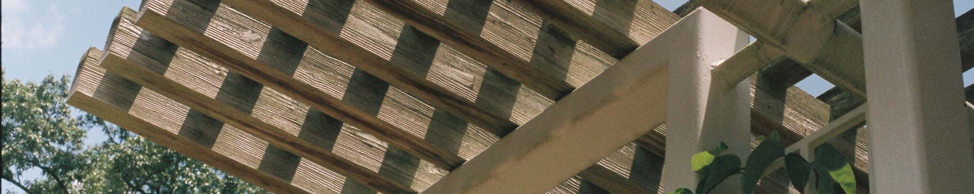 close up of the top of a wood treated pergola
